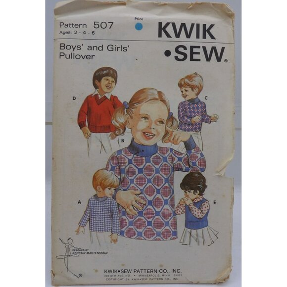 Kwik Sew 507 Boys & Girls Pullover Pattern Sizes 2-6 Round Neck Turtleneck V-Nec - Picture 1 of 3
